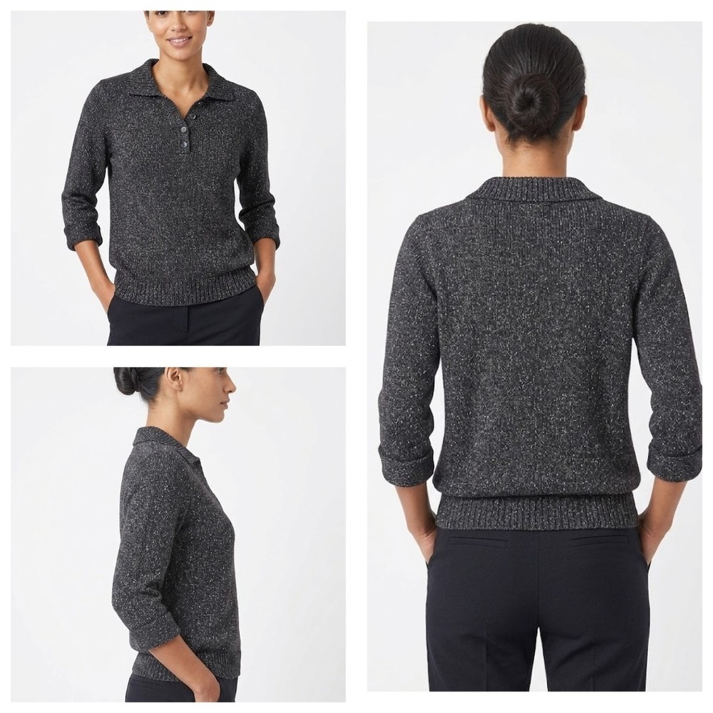 Pullover Henley Sweater Womens Marled Knit Ribbed Hem Black Long Sleeve Classic